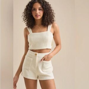 Altar'd State Tweed Ivory Crop bow top and tweed shorts set Size Medium